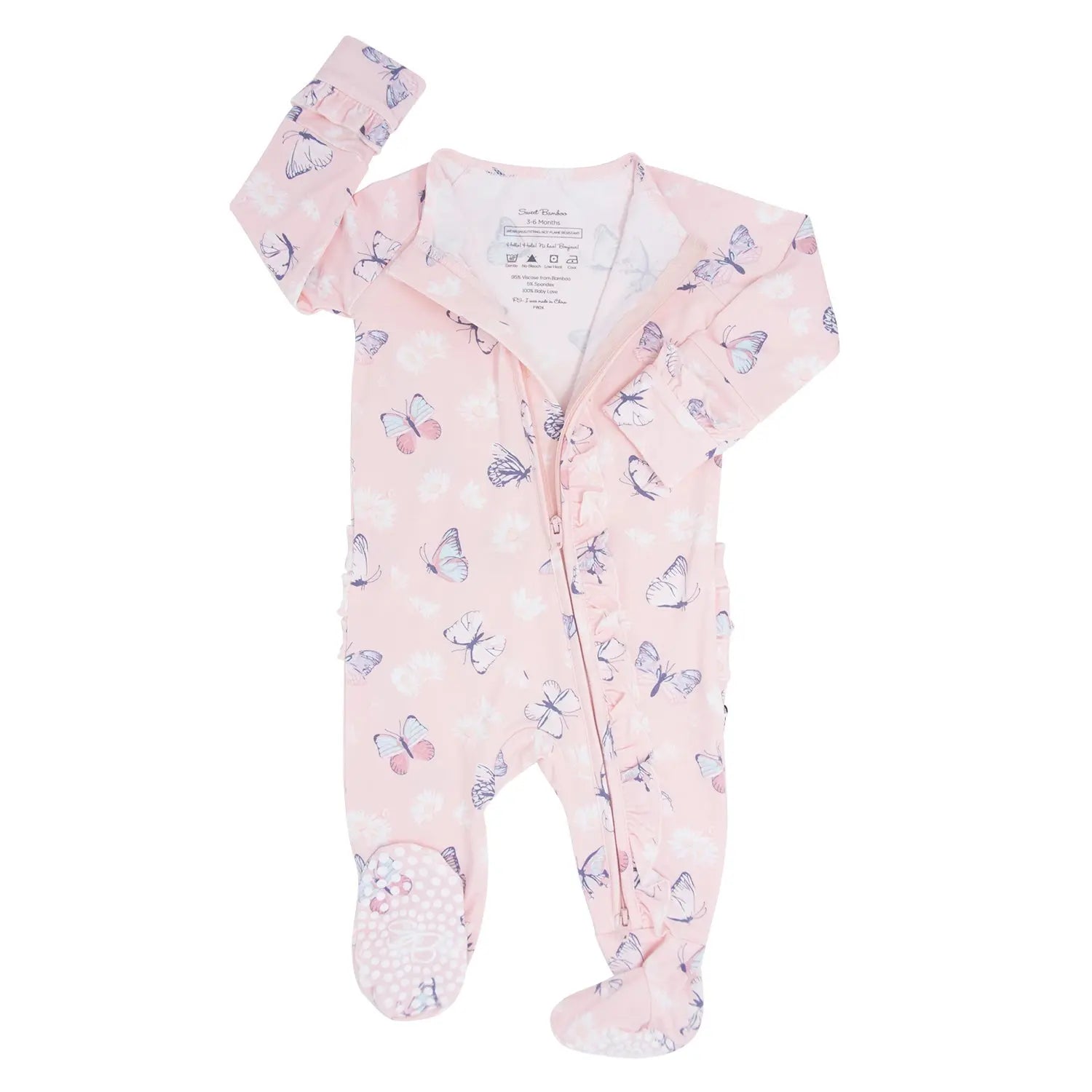 Pink Butterfly Daisy Bamboo Ruffle Footie for Babies Sweet Bamboo
