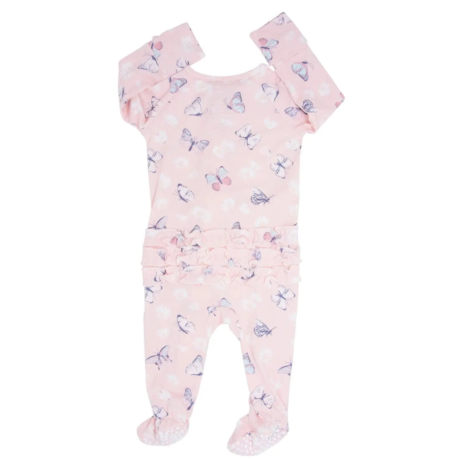 Pink Butterfly Daisy Bamboo Ruffle Footie for Babies Sweet Bamboo
