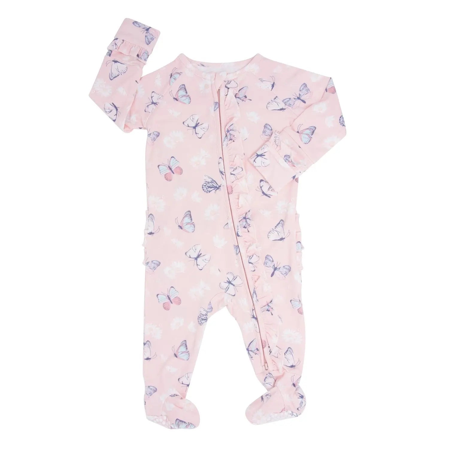 Pink Butterfly Daisy Bamboo Ruffle Footie for Babies Sweet Bamboo
