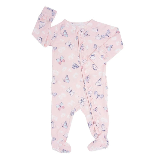 Pink Butterfly Daisy Bamboo Ruffle Footie for Babies Sweet Bamboo