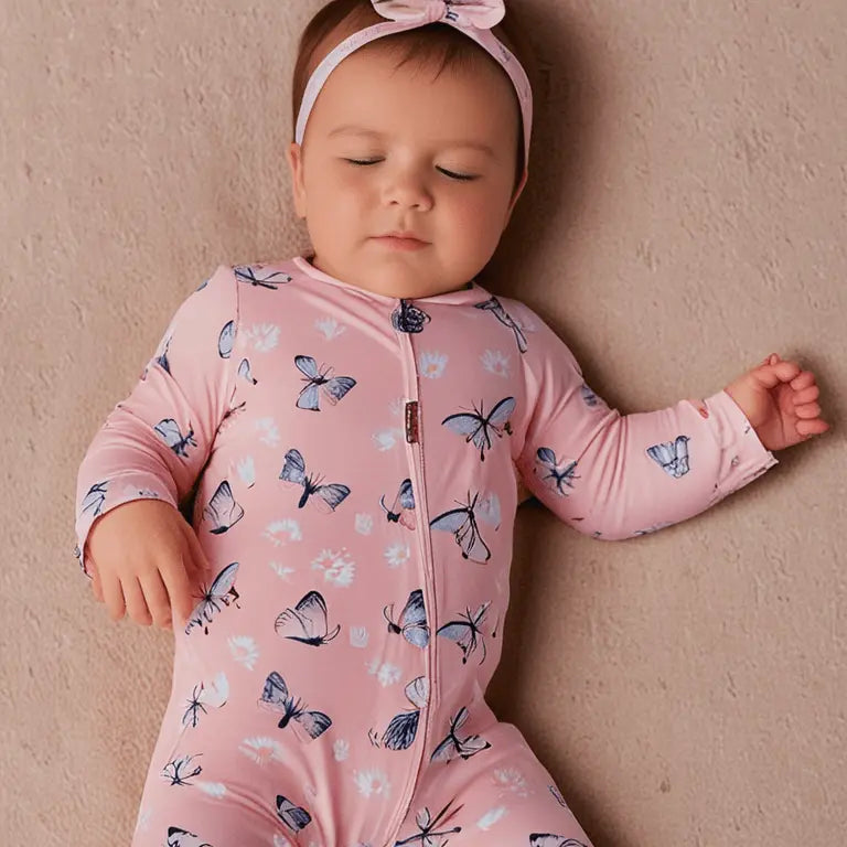 Sweet Bamboo Pink Butterfly Daisy Bamboo Zipper Footie - 