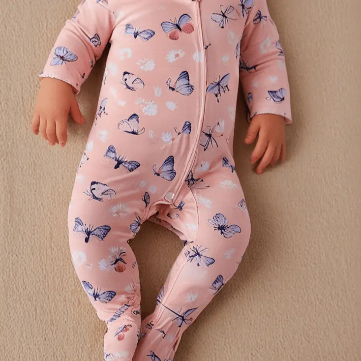 Sweet Bamboo Pink Butterfly Daisy Bamboo Zipper Footie - 