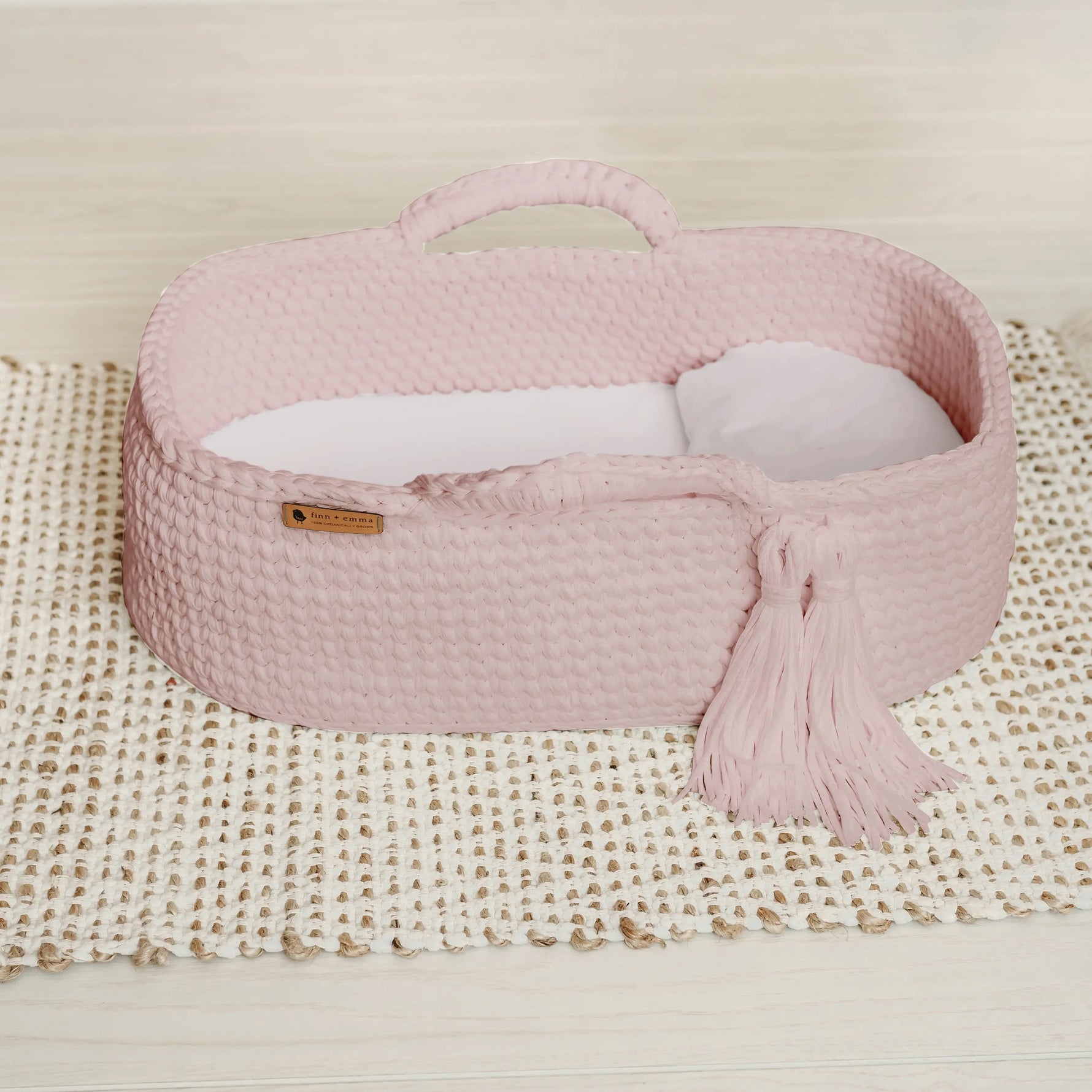 Finn + Emma Pink Carry Cot Organic Cotton Crocheted Knit Baby Bassinet - 