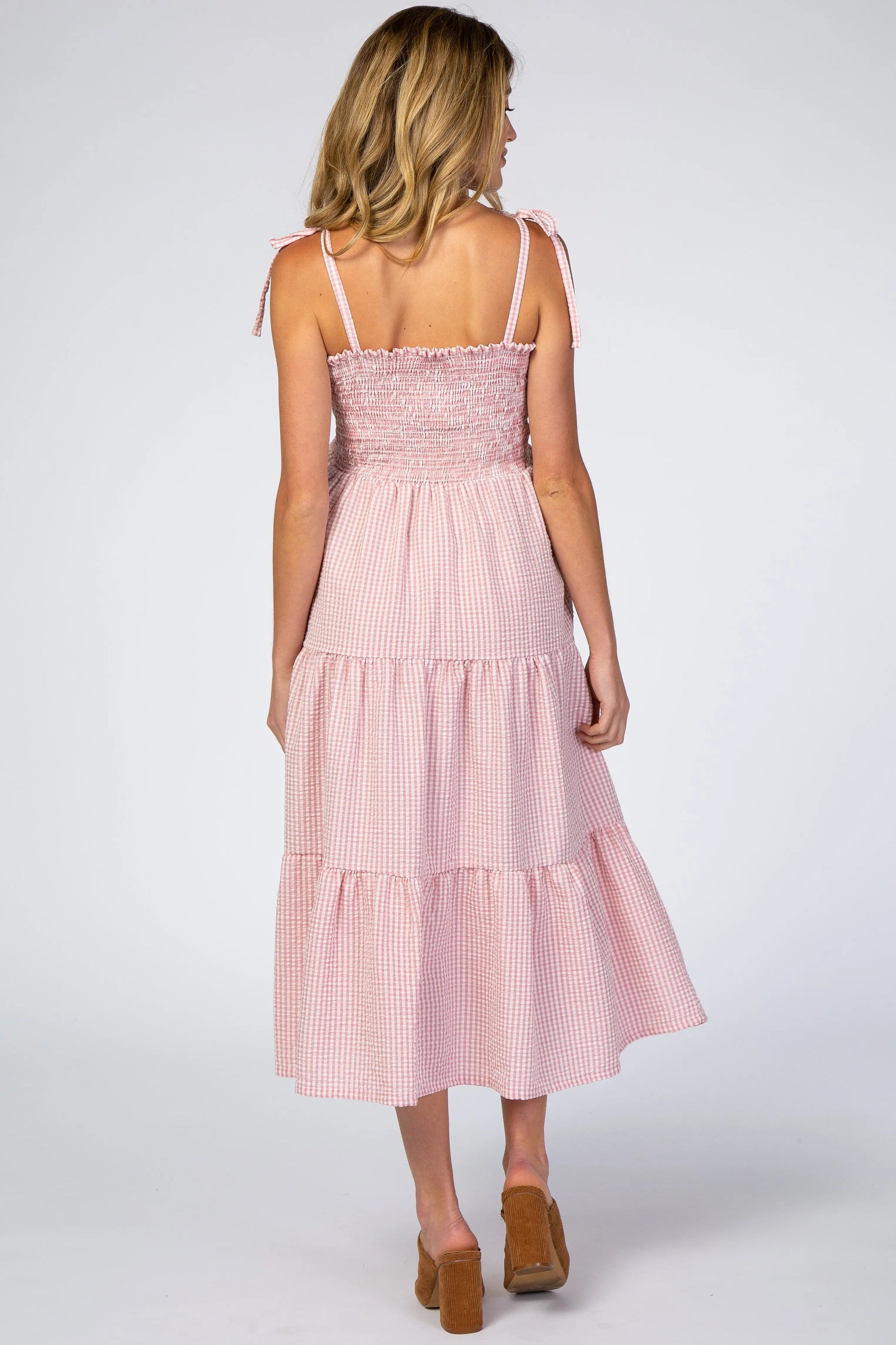 PinkBlush Pink Checkered Tiered Maternity Midi Dress - 