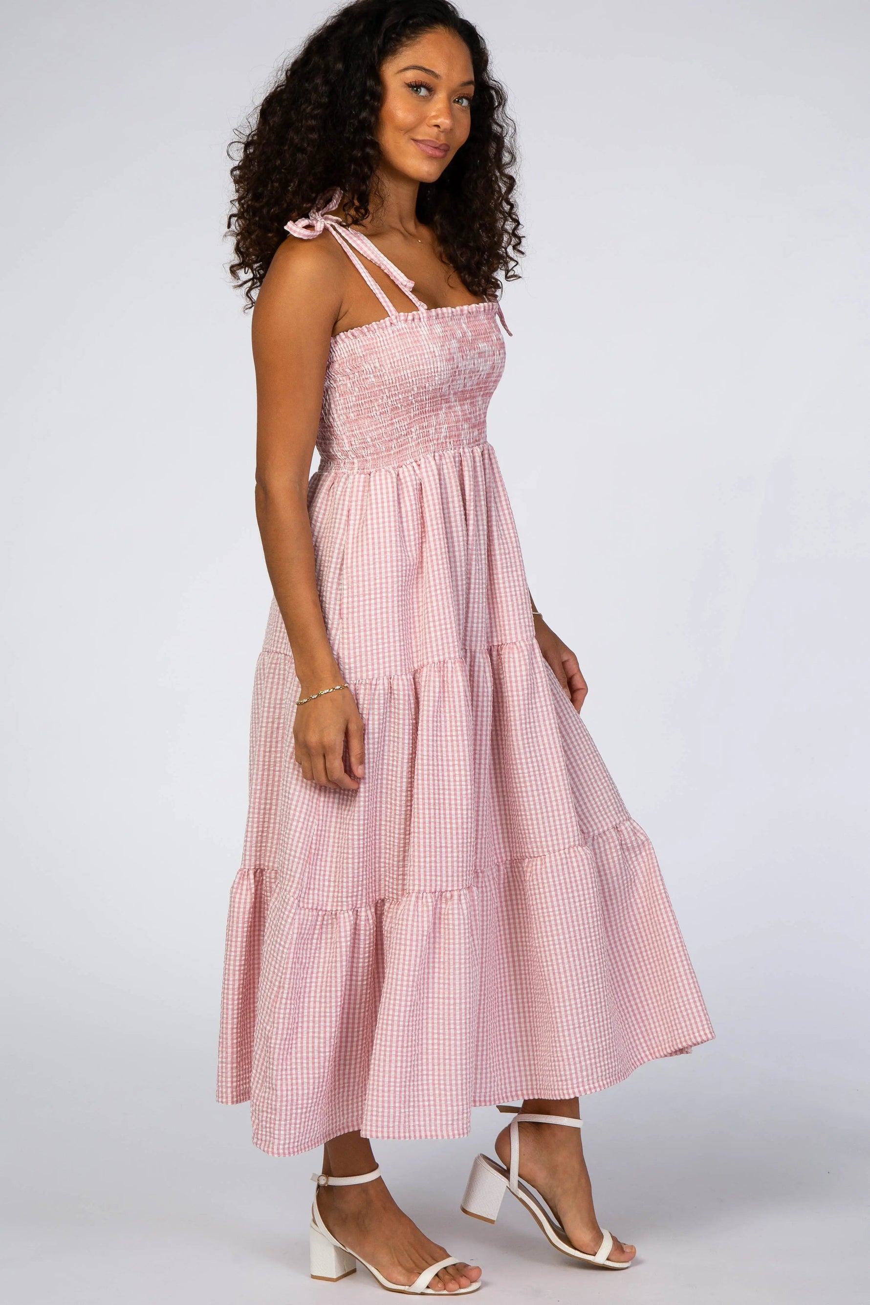 PinkBlush Pink Checkered Tiered Midi Dress - 