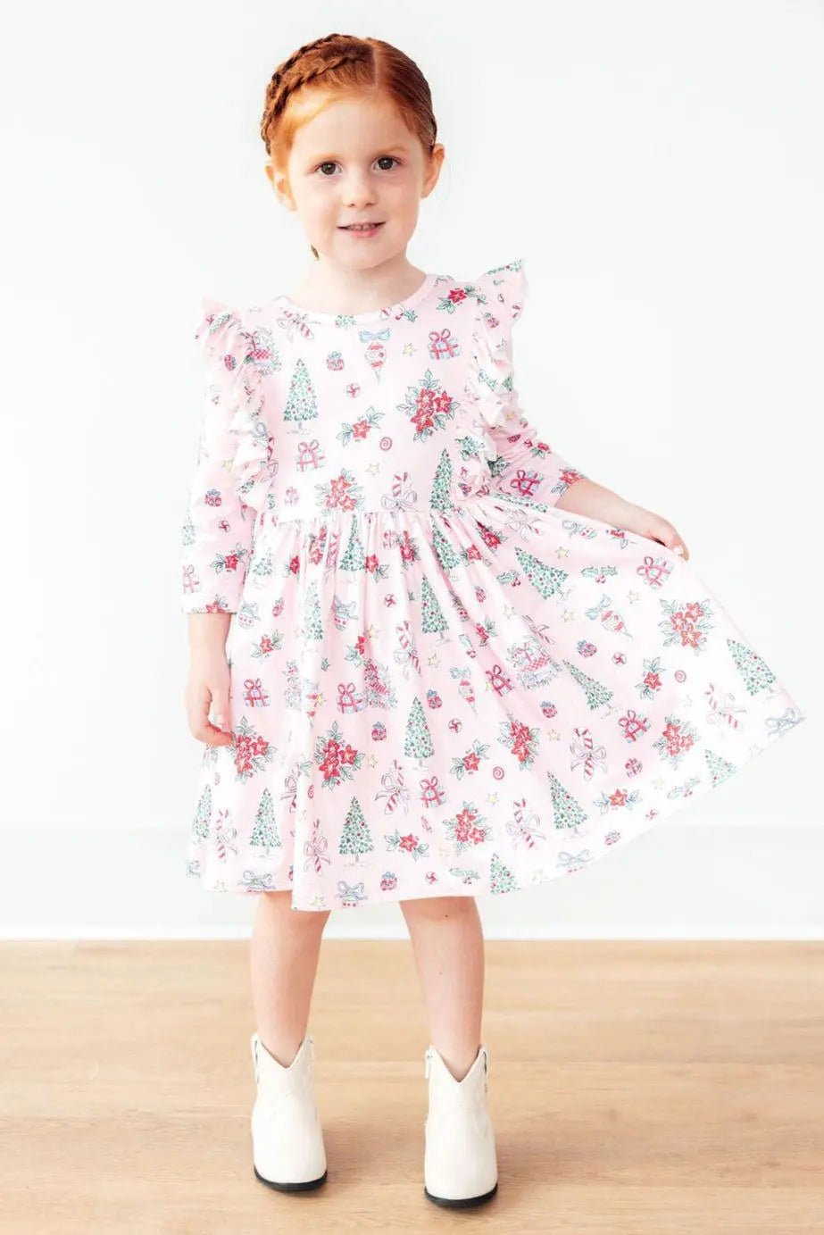 Mila & Rose ® Pink Christmas 3/4 Sleeve Ruffle Twirl Dress - 