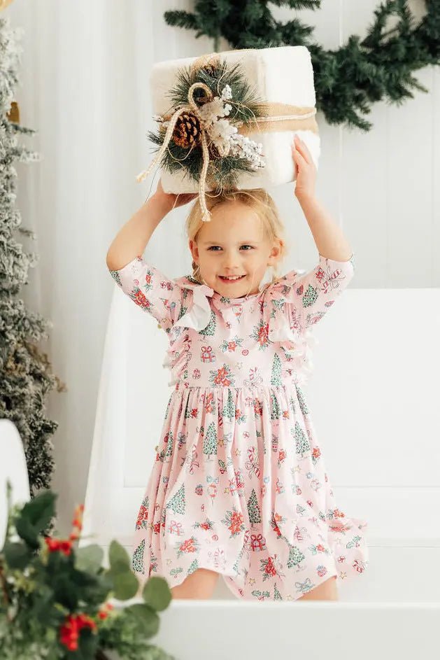 Mila & Rose ® Pink Christmas 3/4 Sleeve Ruffle Twirl Dress - 