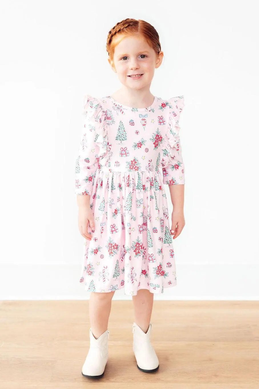 Mila & Rose ® Pink Christmas 3/4 Sleeve Ruffle Twirl Dress - 