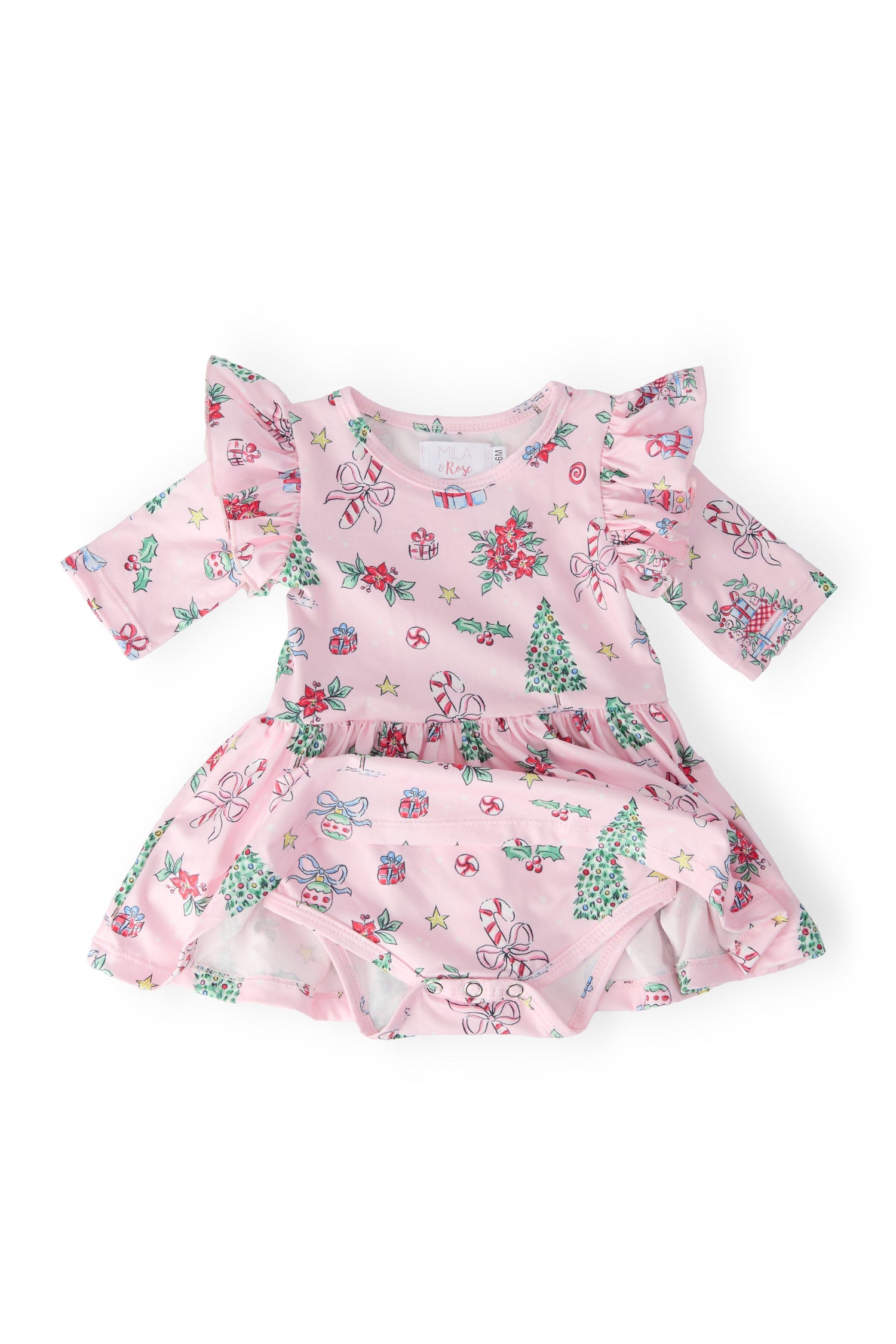 Mila & Rose ® Pink Christmas Three Quarter Sleeve Twirl Flutter Bodysuit - 