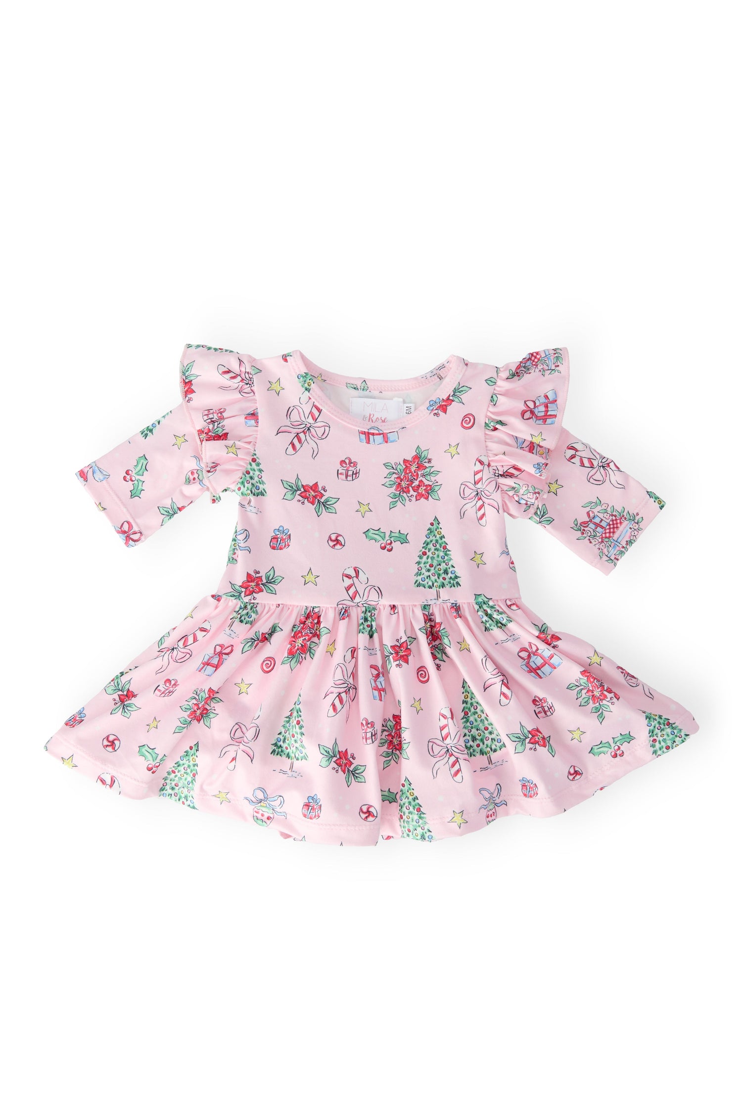Mila & Rose ® Pink Christmas Three Quarter Sleeve Twirl Flutter Bodysuit - 