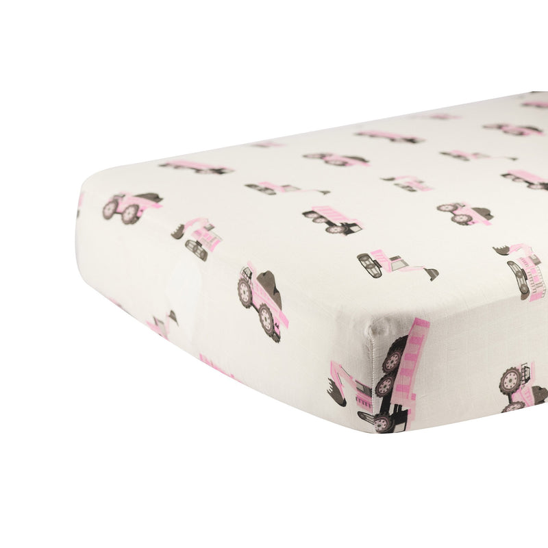 Pink Digger Bamboo Crib Sheet Soft Breathable Comfy Snug Fit 28x52 Inches Natural Muslin Newcastle Classics