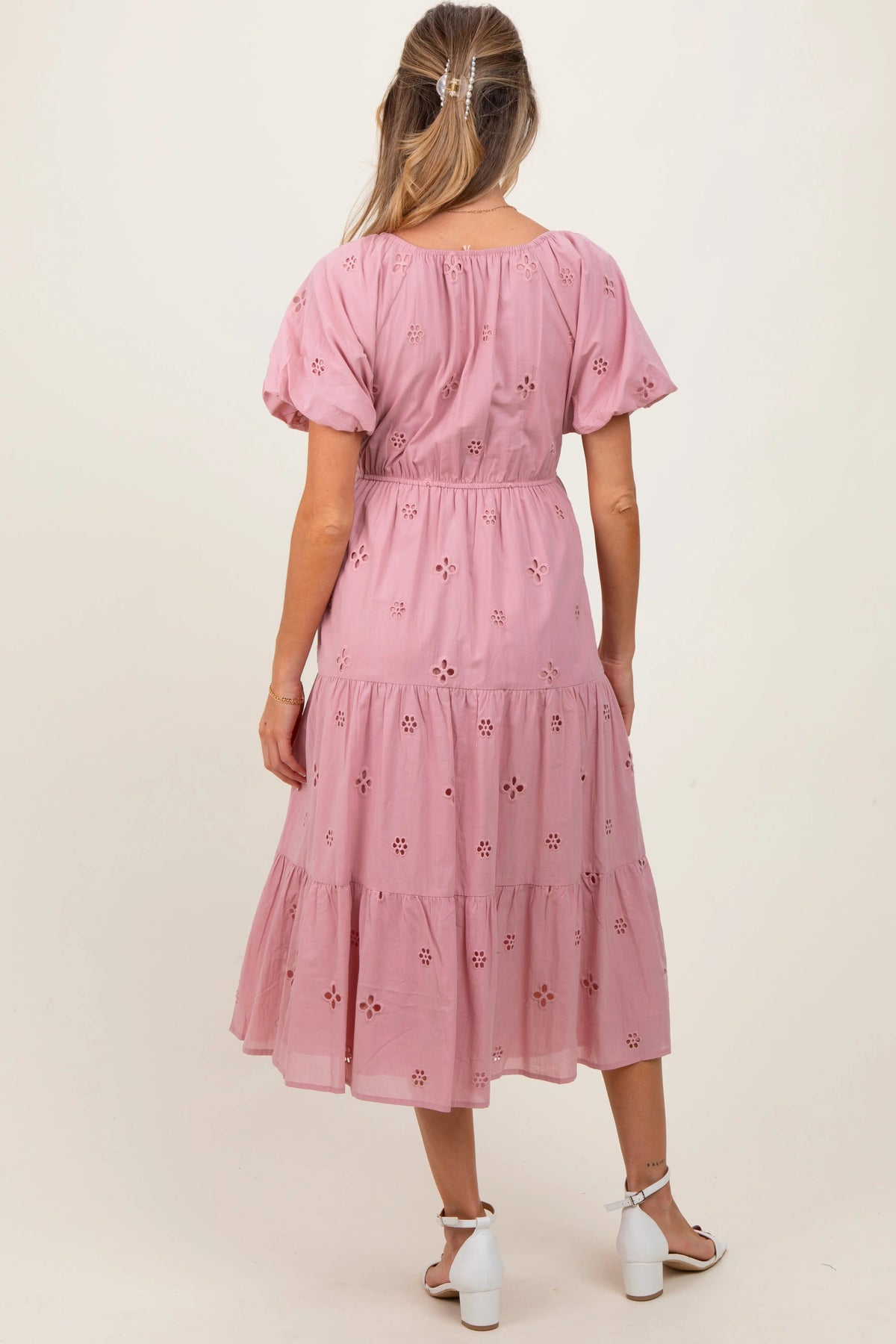 PinkBlush Pink Eyelet Square Neck Maternity Midi Dress - 