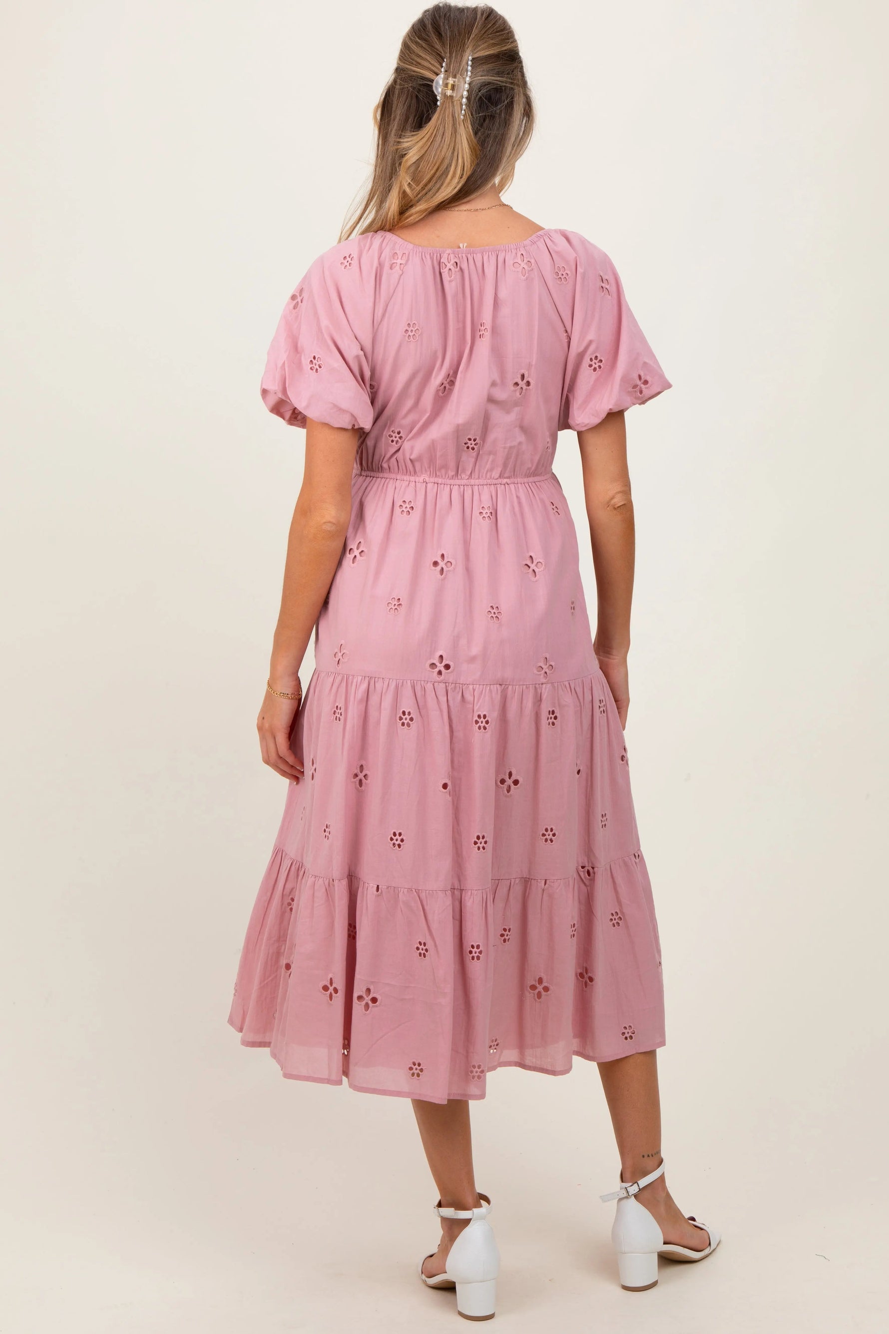 PinkBlush Pink Eyelet Square Neck Maternity Midi Dress - 