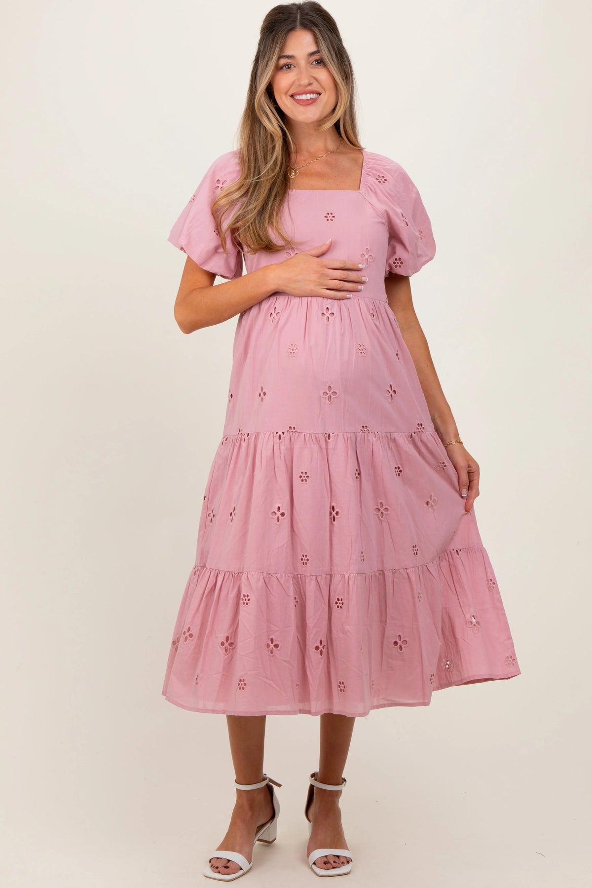 PinkBlush Pink Eyelet Square Neck Maternity Midi Dress - 