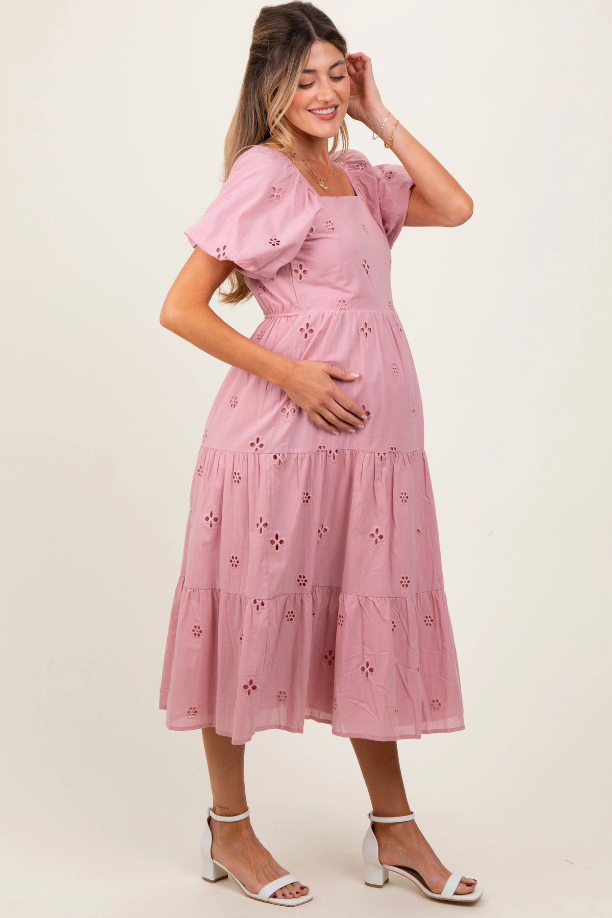 PinkBlush Pink Eyelet Square Neck Maternity Midi Dress - 