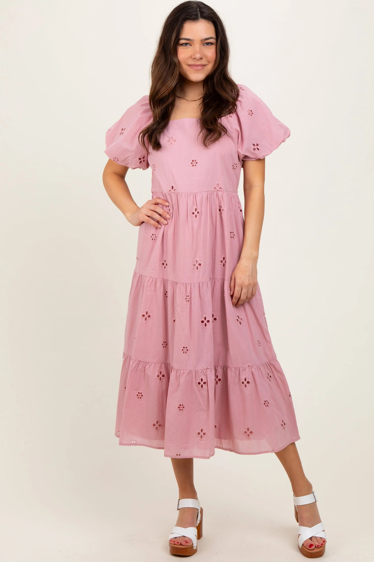 PinkBlush Pink Eyelet Square Neck Maternity Midi Dress - 