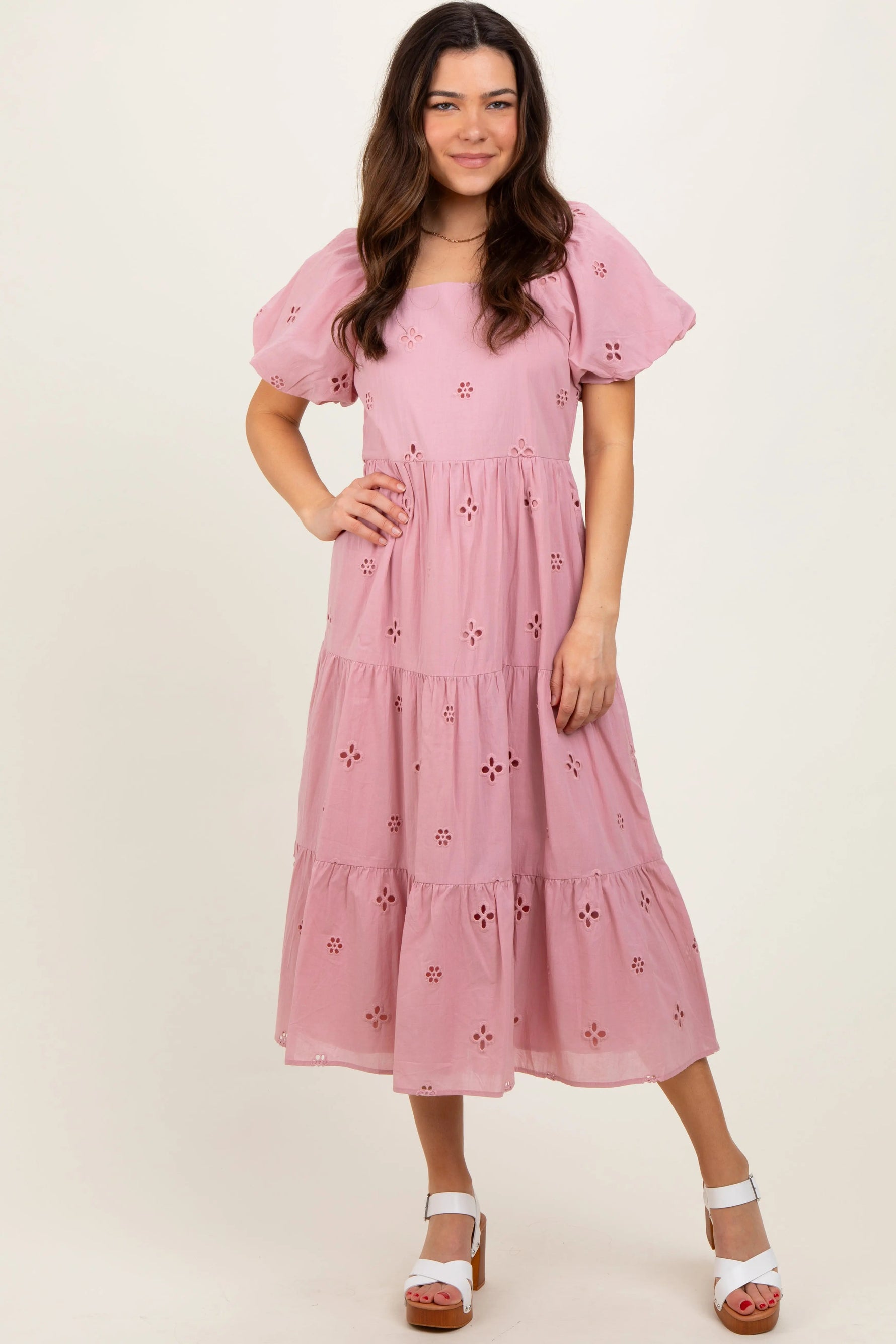 PinkBlush Pink Eyelet Square Neck Maternity Midi Dress - 