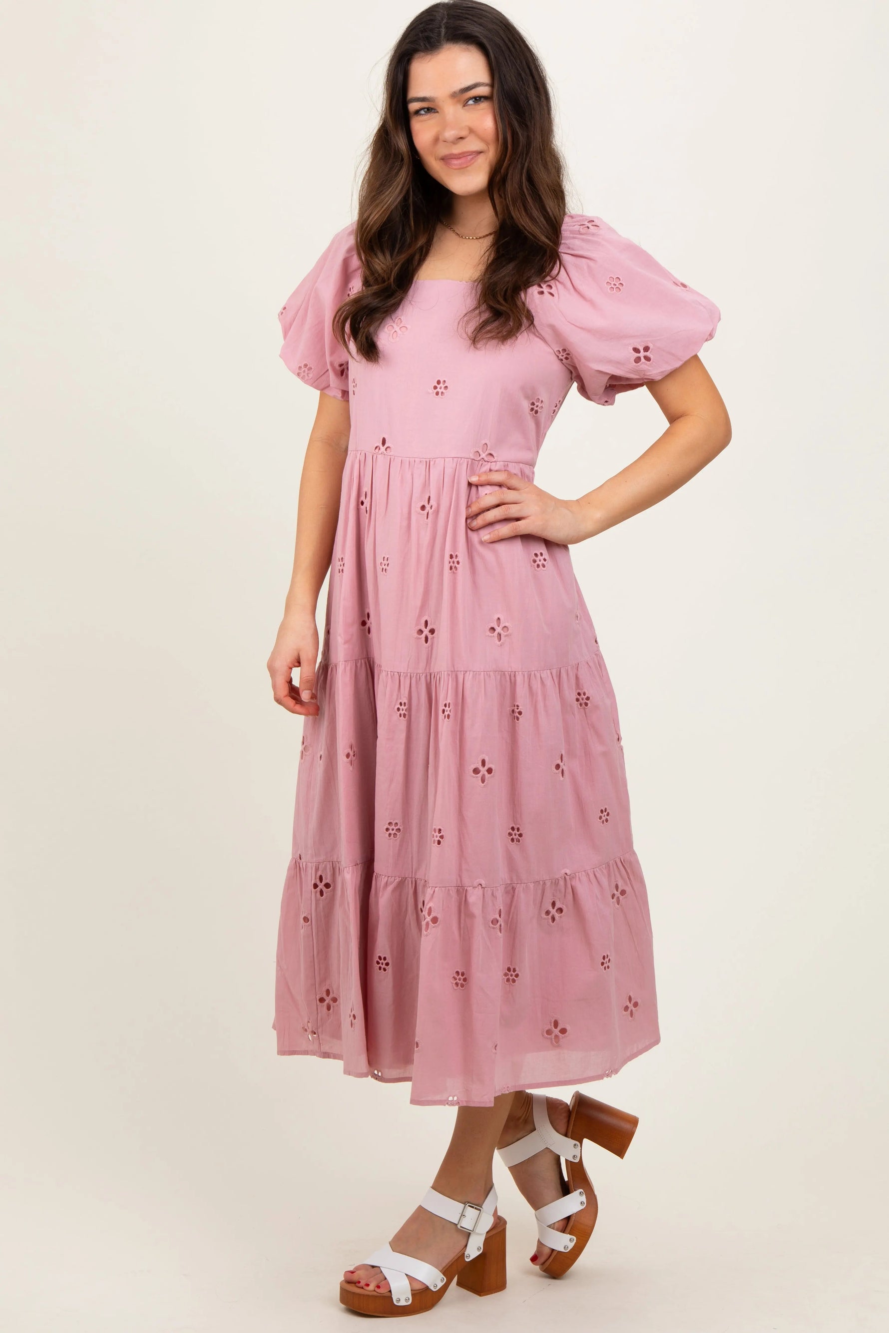 PinkBlush Pink Eyelet Square Neck Midi Dress - 