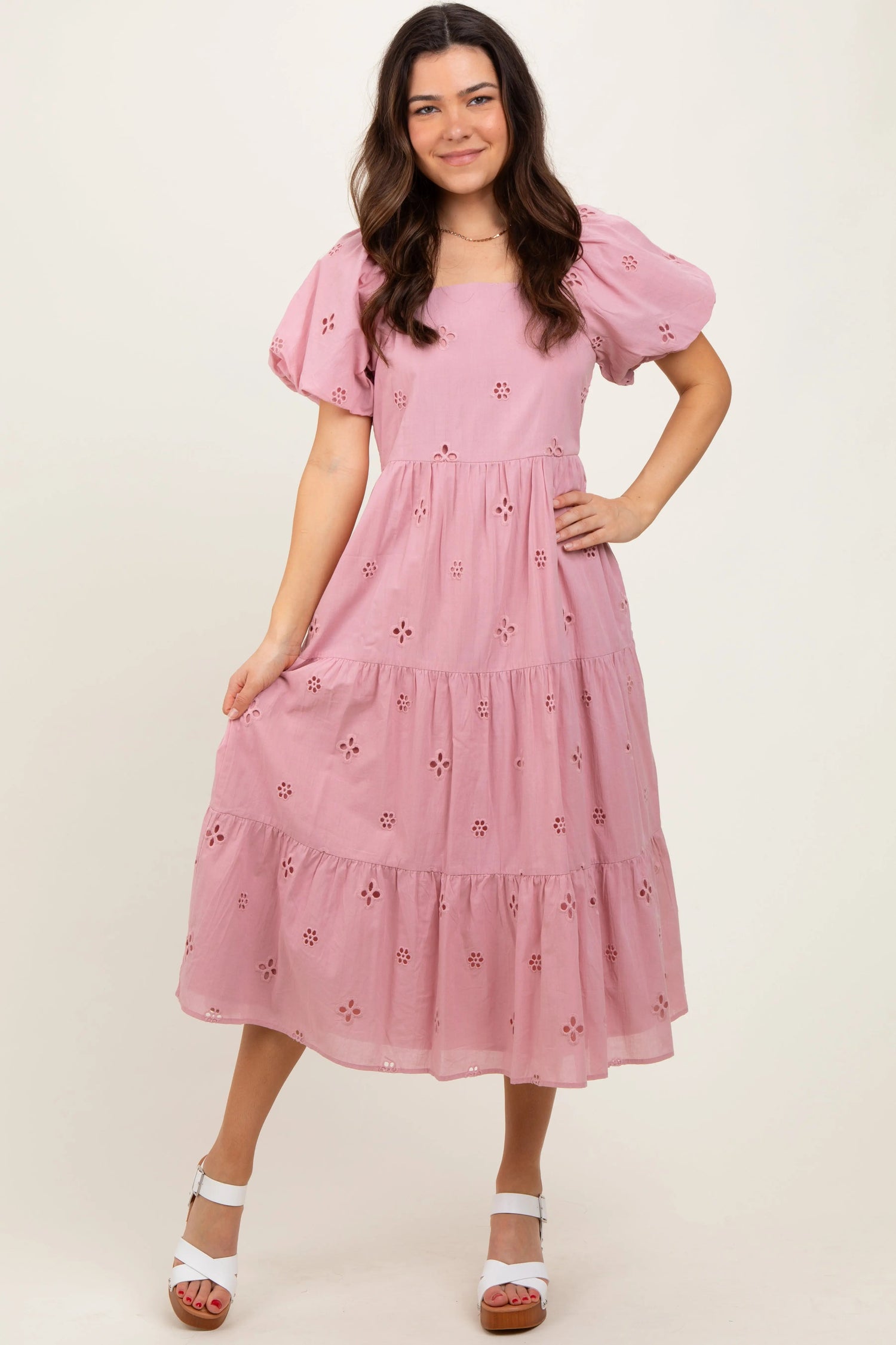 PinkBlush Pink Eyelet Square Neck Midi Dress - 