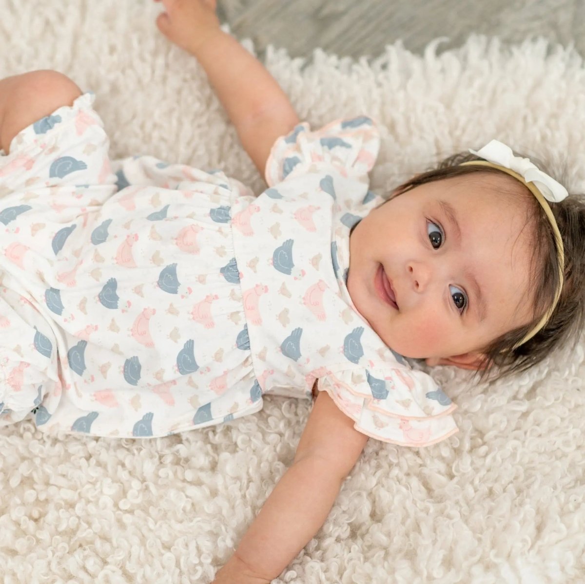 Sweet Bamboo Pink Farm Hens Bamboo Ruffle Romper for Stylish Summer Play for Girls - 