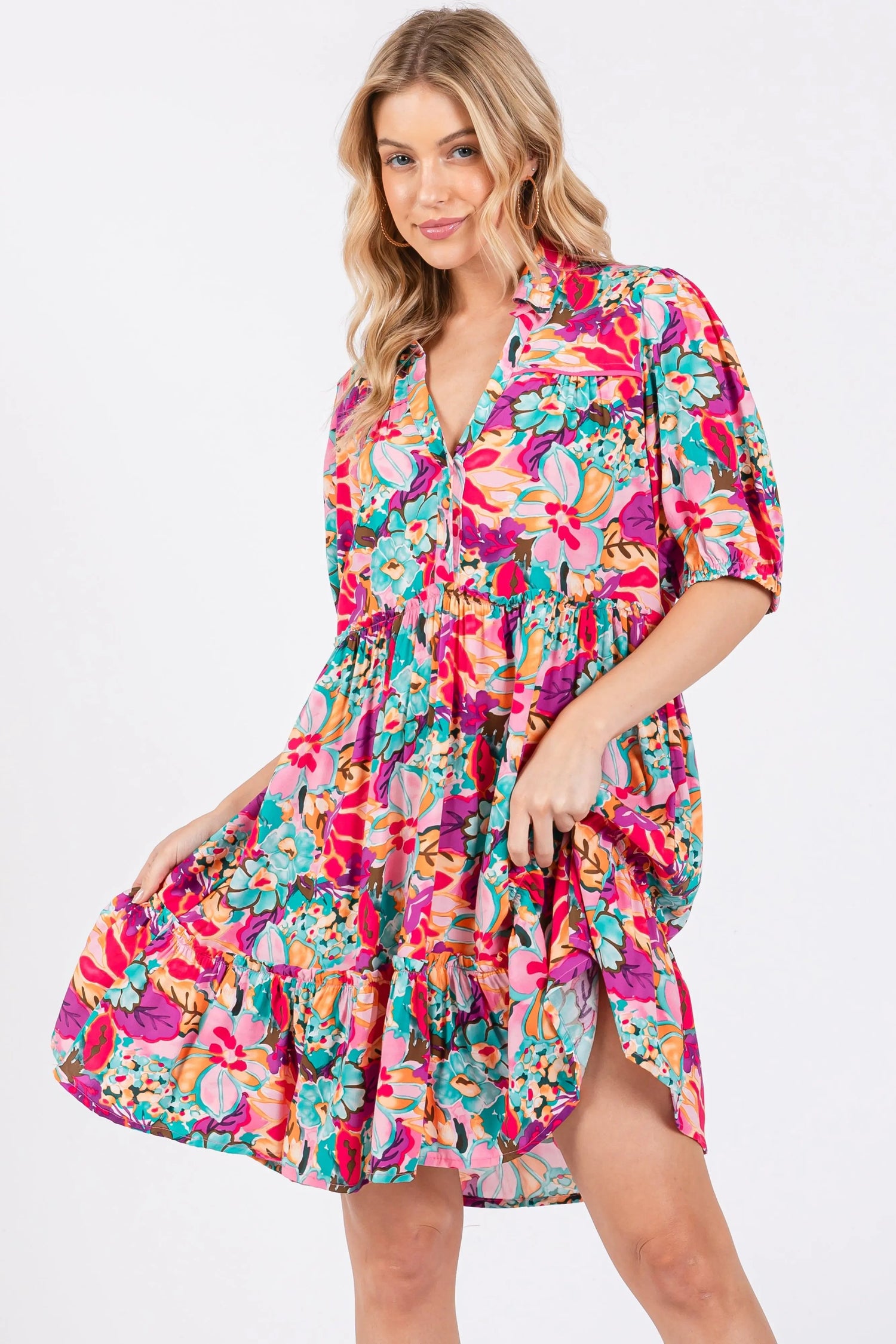 Pink Floral Button Short Sleeve Dress - Day Dress, Dress, Pink, One-piece garment, Fashion design | Everetts Place