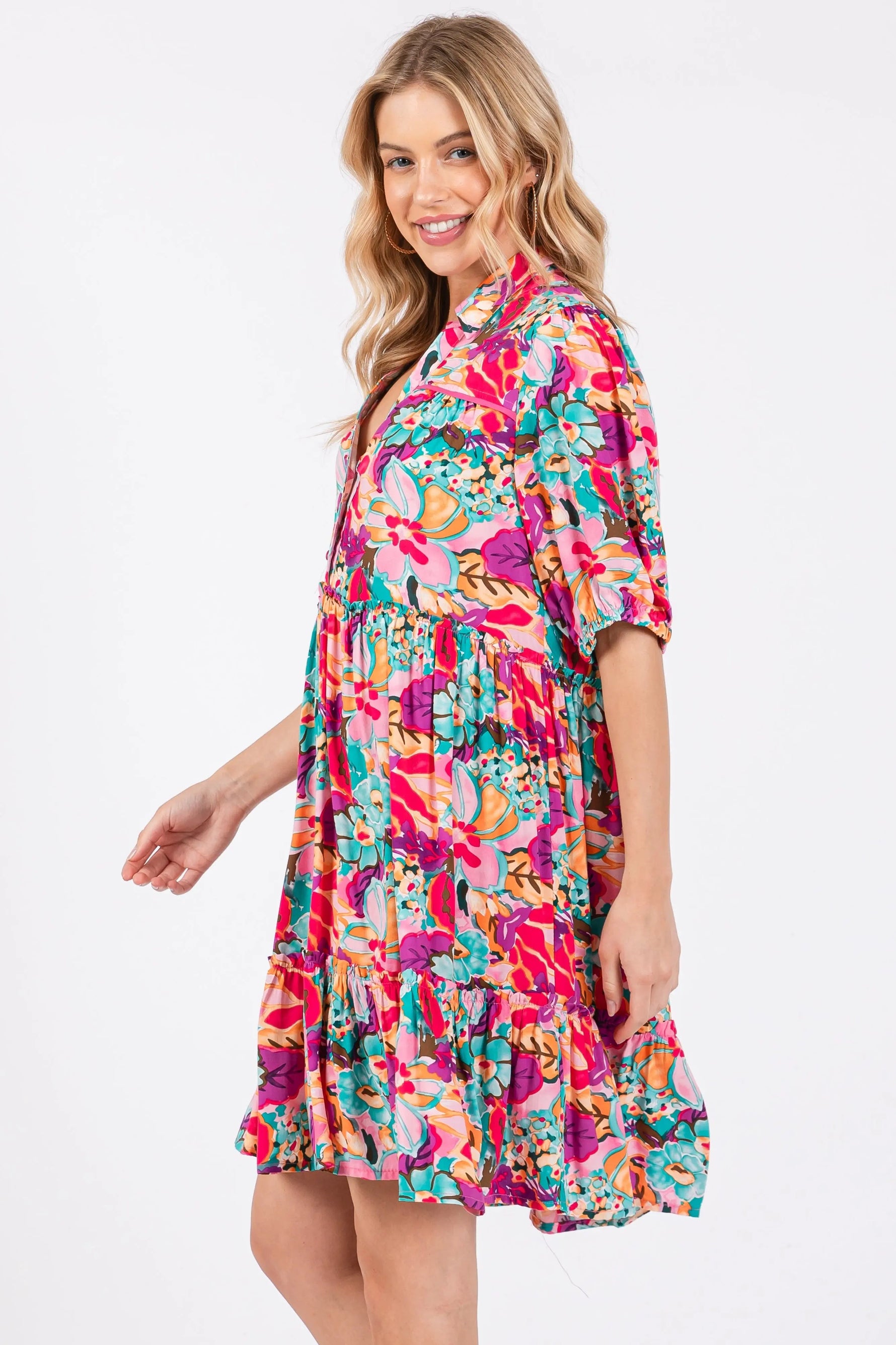 PinkBlush Pink Floral Button Short Sleeve Dress - 