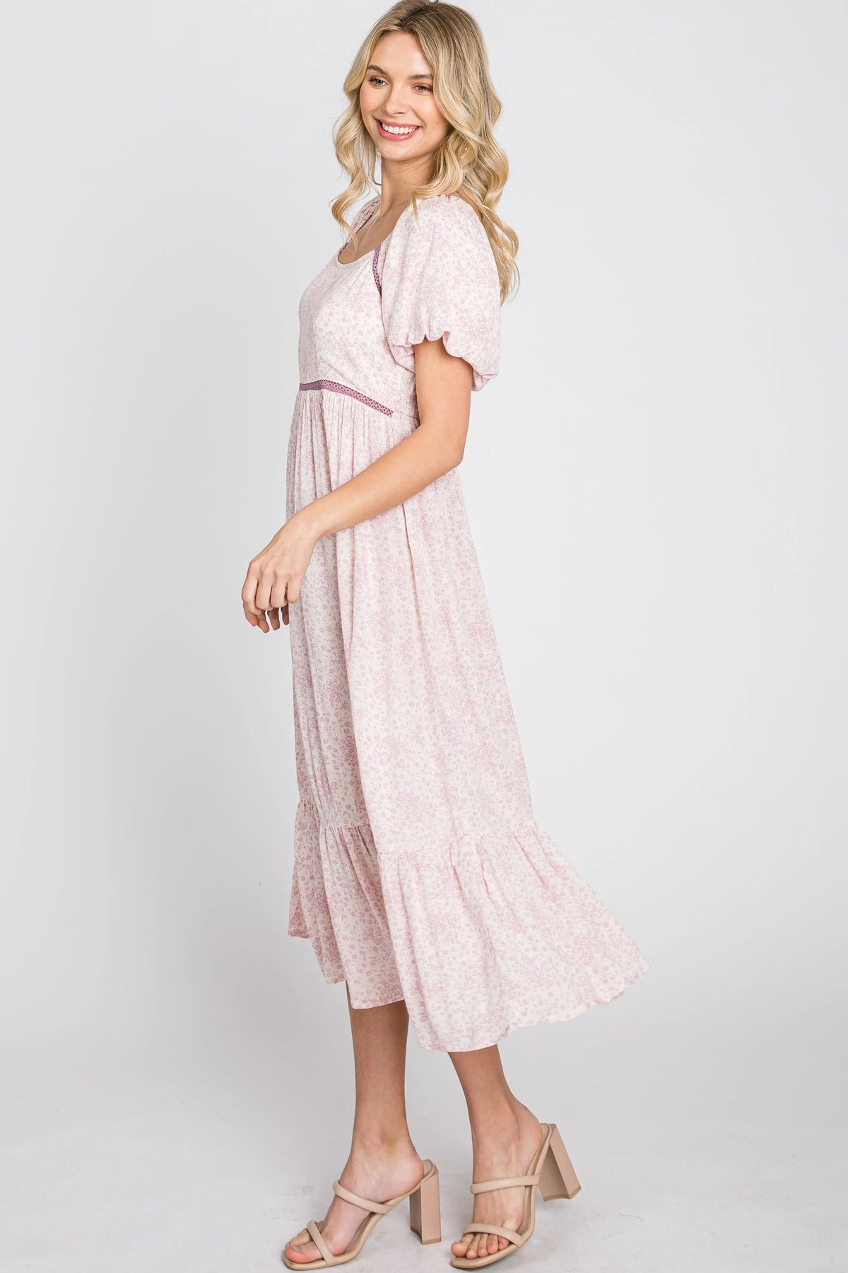 PinkBlush Pink Floral Crochet Accent Midi Dress - 
