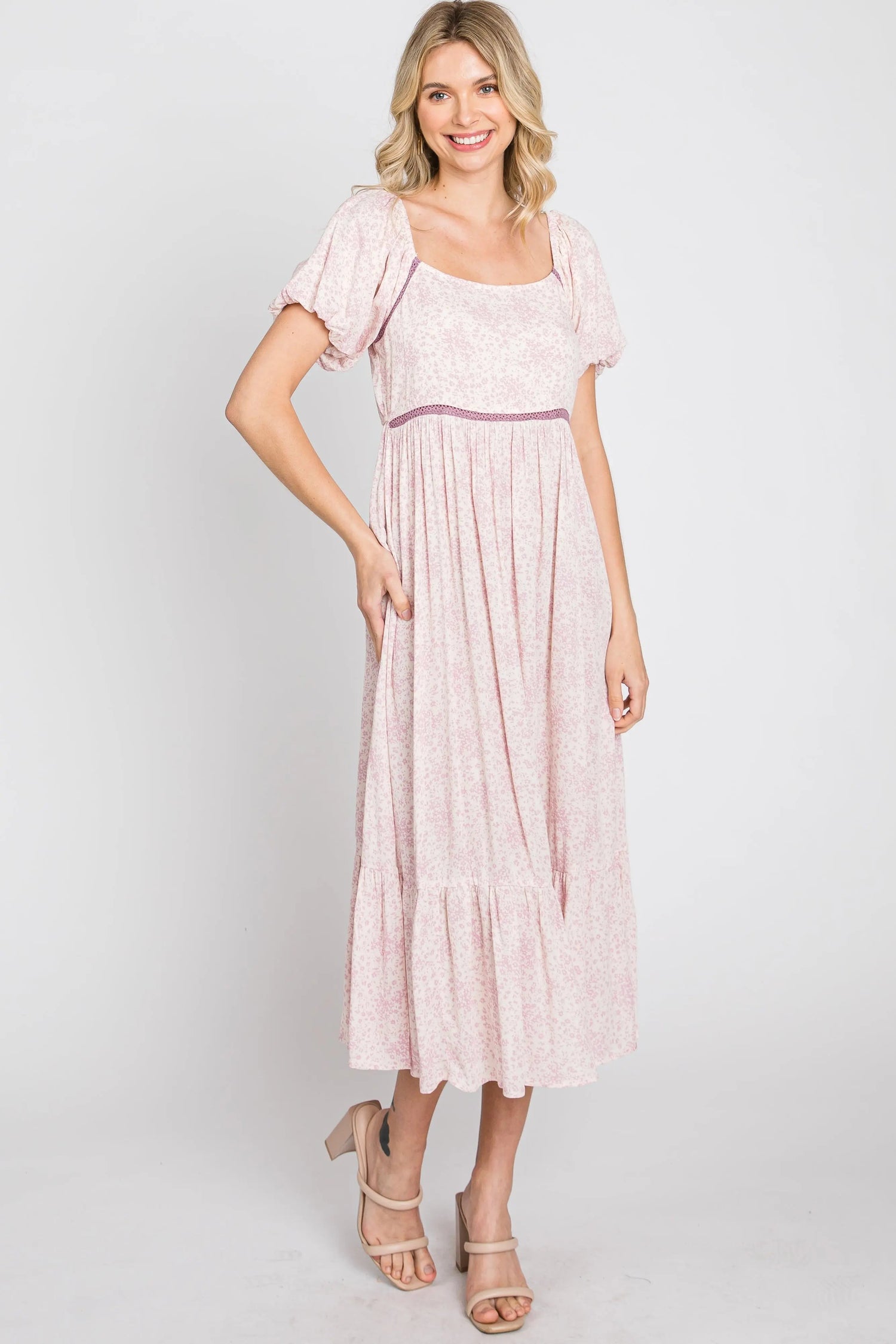 PinkBlush Pink Floral Crochet Accent Midi Dress - 