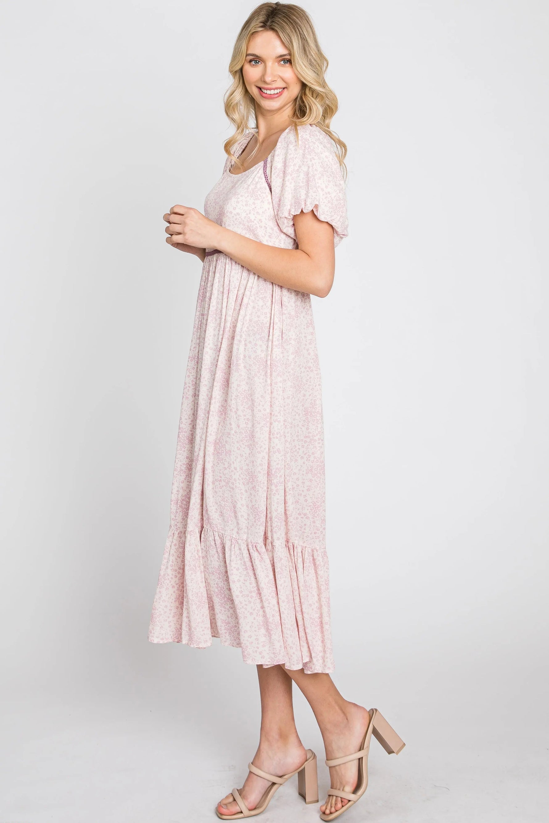 PinkBlush Pink Floral Crochet Accent Midi Dress - 