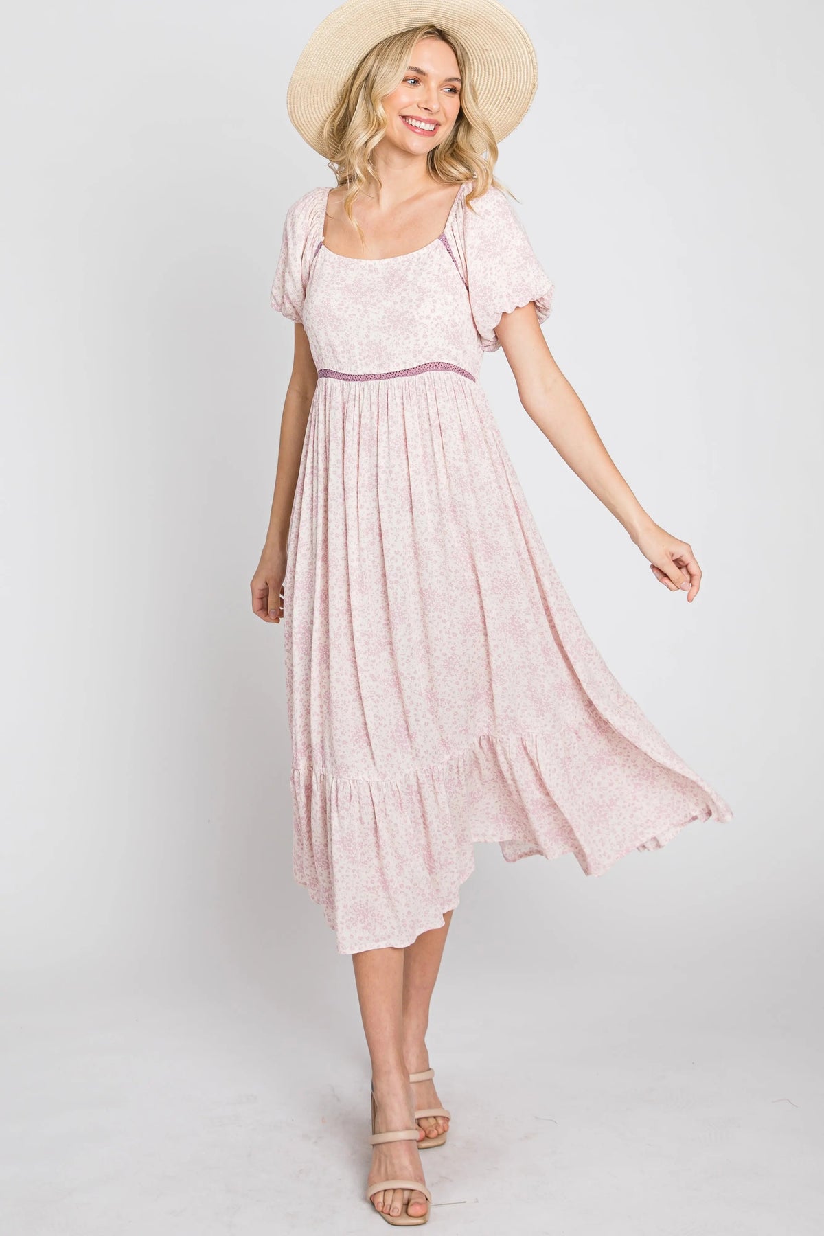 PinkBlush Pink Floral Crochet Accent Midi Dress - 