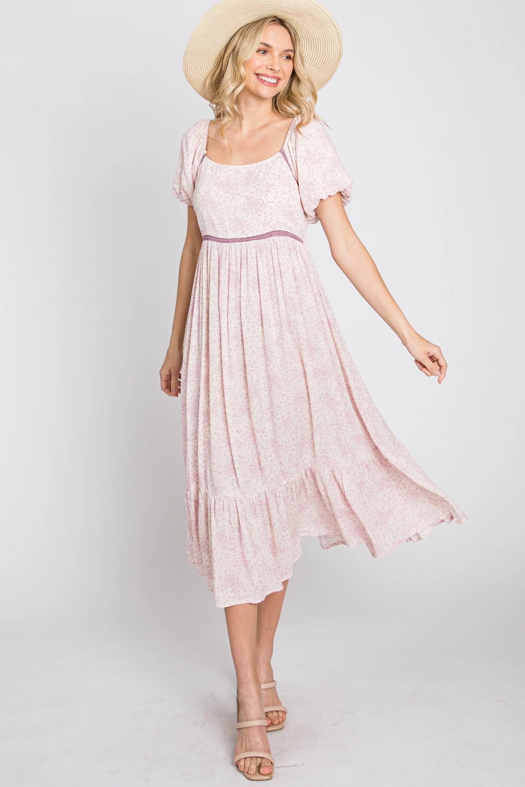 PinkBlush Pink Floral Crochet Accent Midi Dress - 
