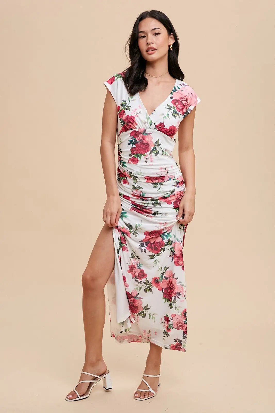 PinkBlush Pink Floral Mesh Ruched Sides Maternity Maxi Dress - 
