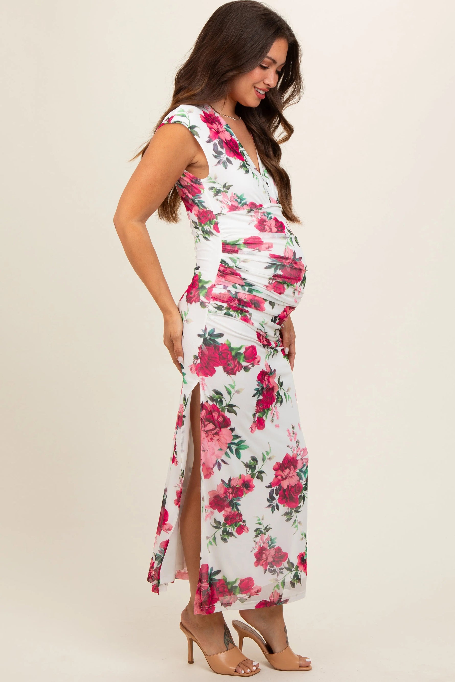 PinkBlush Pink Floral Mesh Ruched Sides Maternity Maxi Dress - 