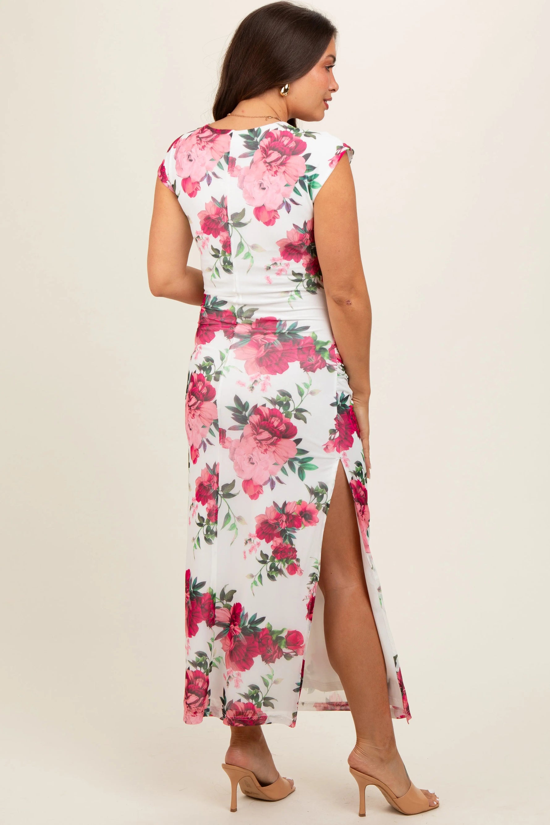 PinkBlush Pink Floral Mesh Ruched Sides Maternity Maxi Dress - 