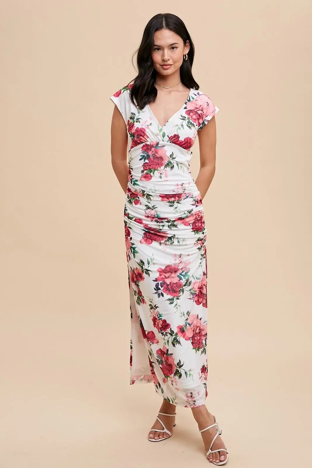 PinkBlush Pink Floral Mesh Ruched Sides Maxi Dress - 