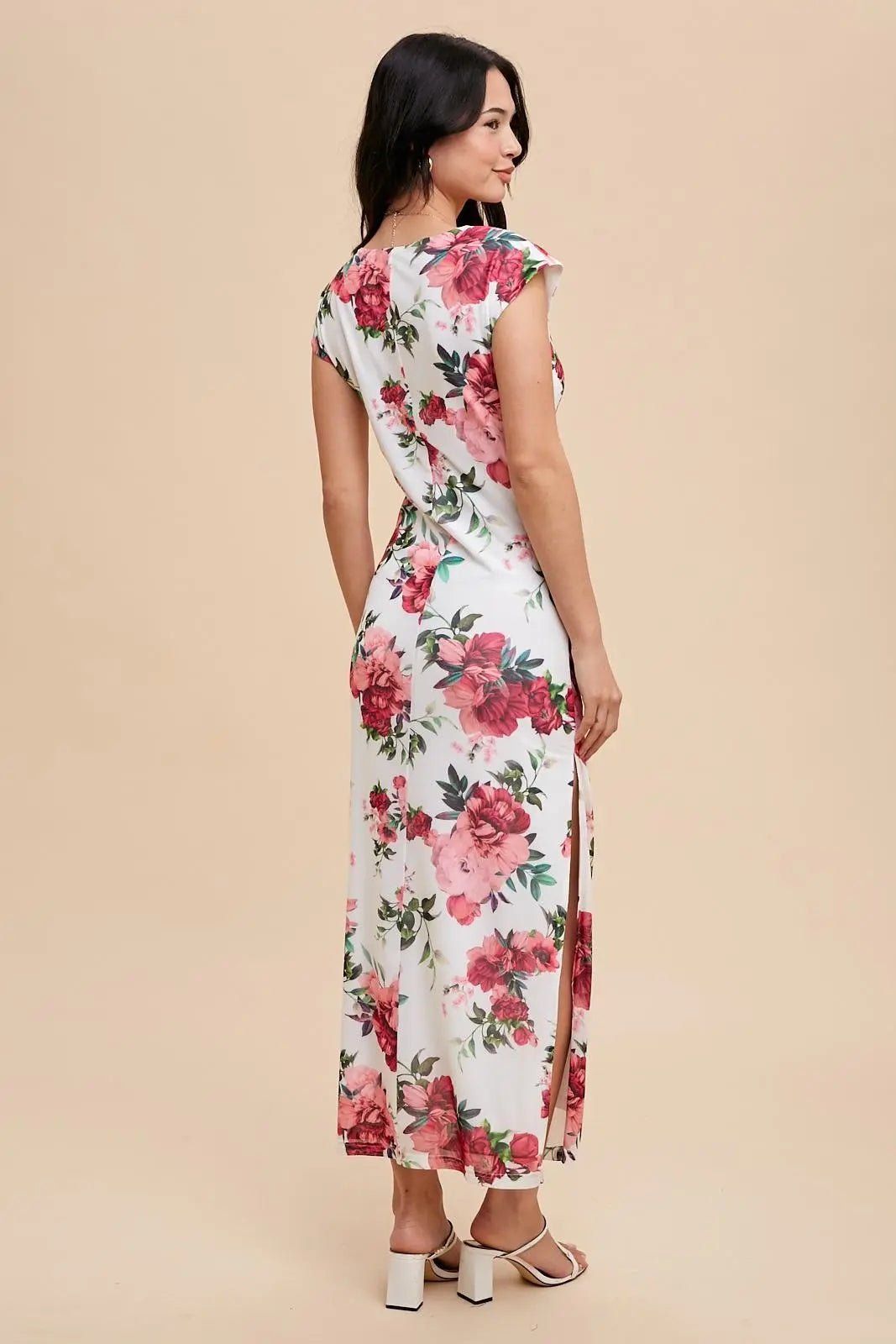 PinkBlush Pink Floral Mesh Ruched Sides Maxi Dress - 