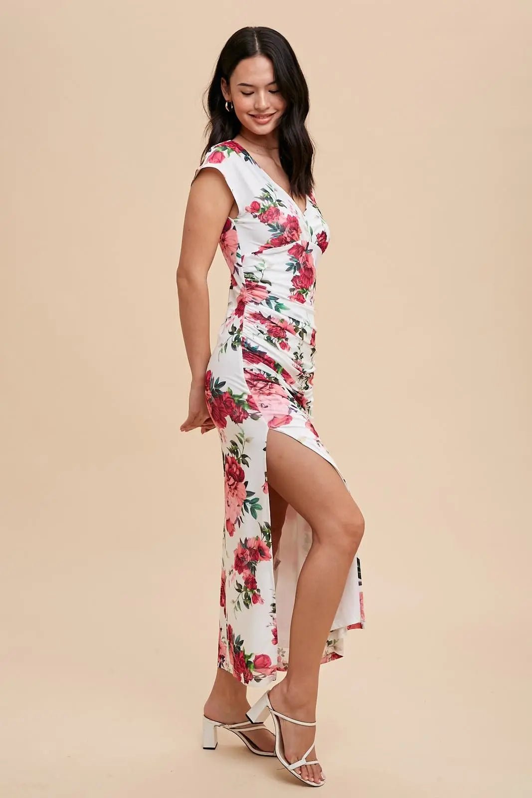 PinkBlush Pink Floral Mesh Ruched Sides Maxi Dress - 