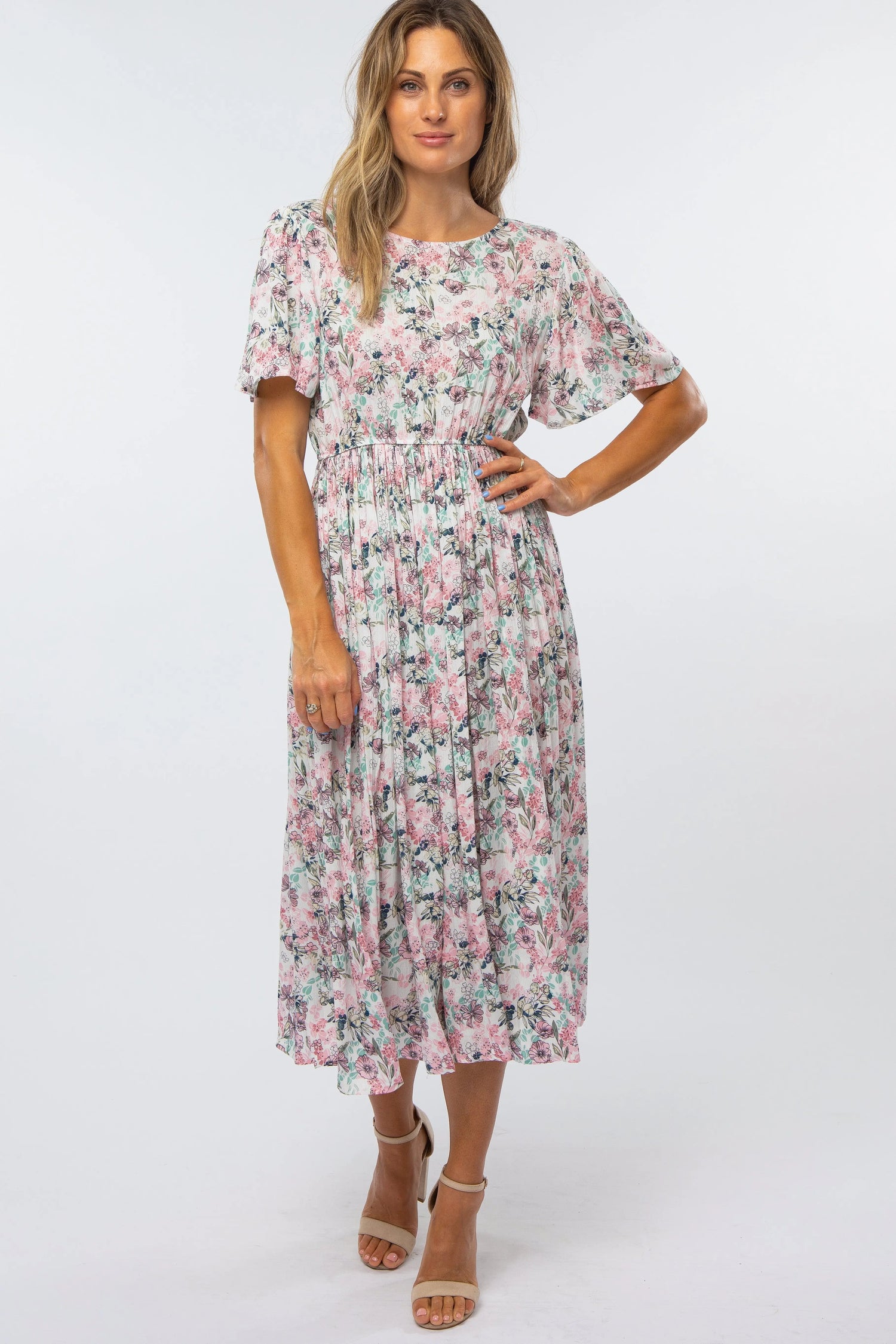 Pink Floral Pleated Midi Dress - Bird, Person, Sandal, Shoe, High heels | Everetts Place