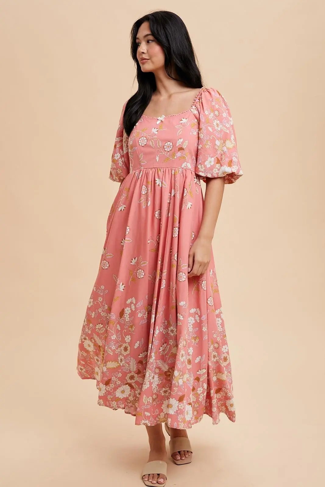 PinkBlush Pink Floral Print Puff Sleeve Maxi Dress - 
