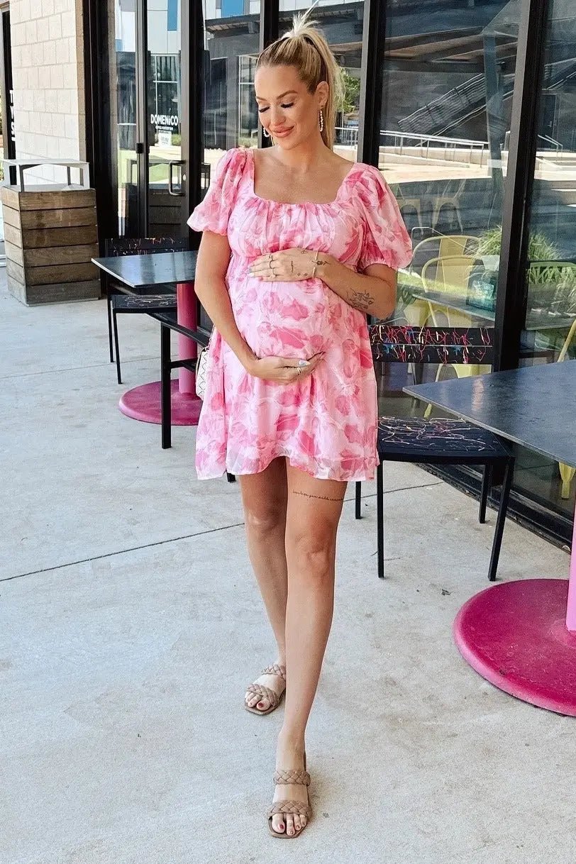 PinkBlush Pink Floral Puff Sleeve Maternity Mini Dress - 