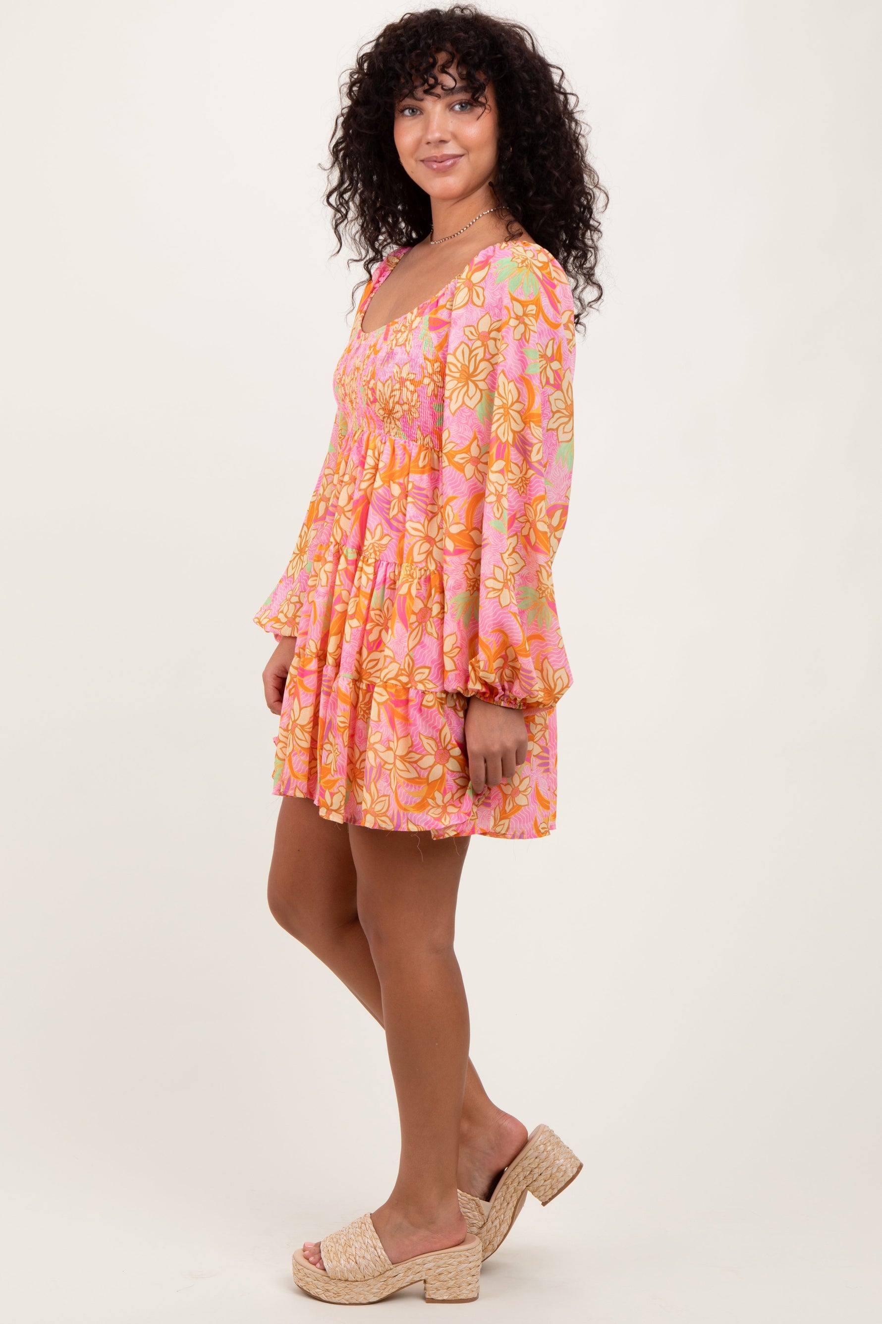 PinkBlush Pink Floral Smocked Bubble Sleeve DressEveretts Place