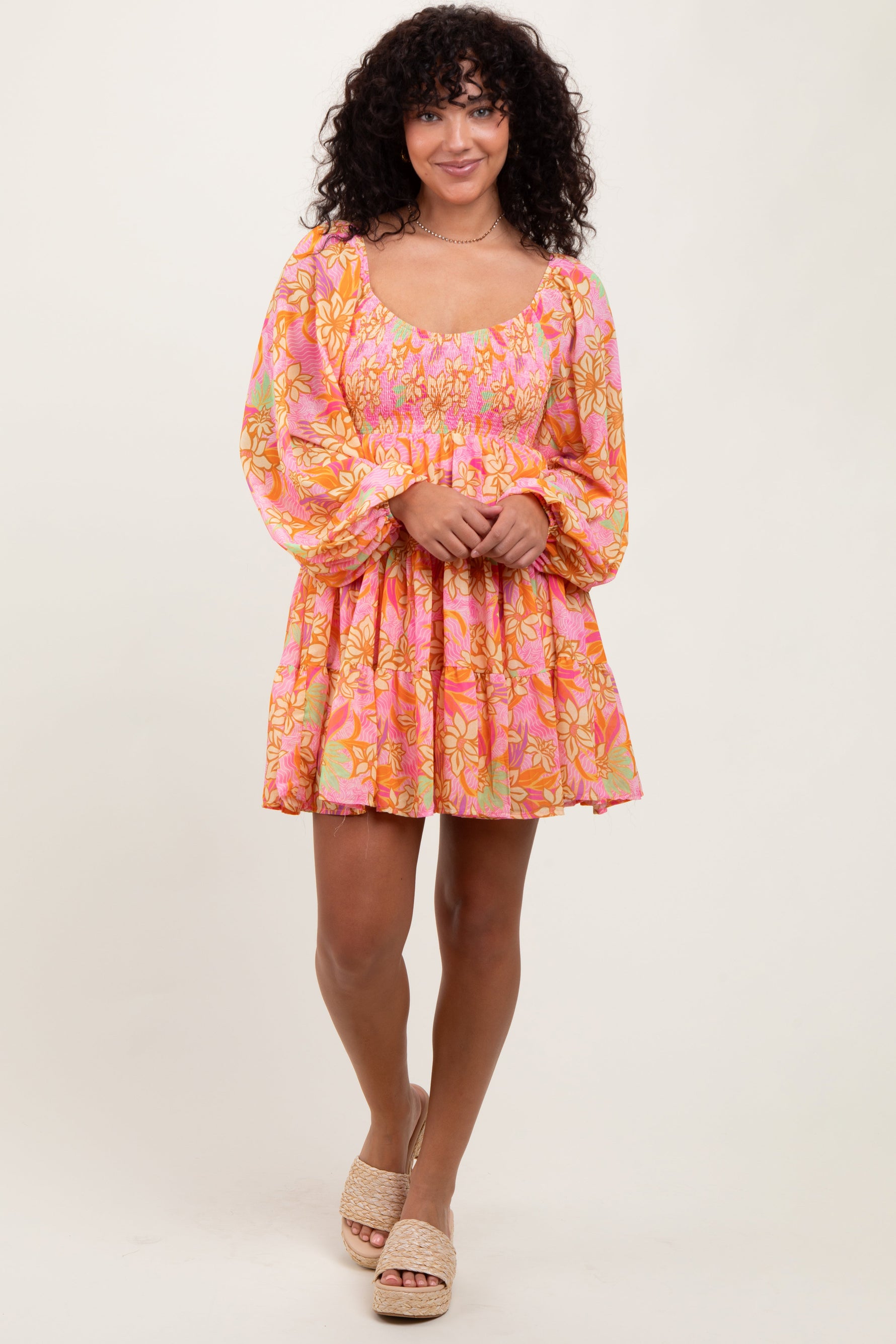 PinkBlush Pink Floral Smocked Bubble Sleeve DressEveretts Place