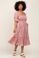 Pink Floral Smocked Midi Dress - Day Dress, One-piece garment, Pink, Dress, Waist | Everetts Place