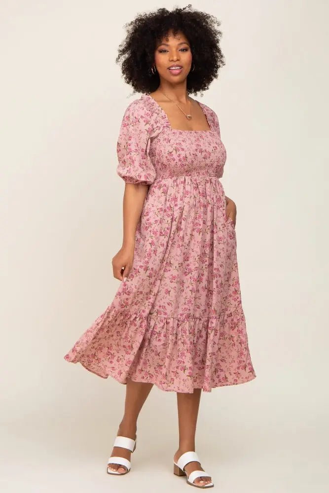 Pink Floral Smocked Midi Dress - Day Dress, One-piece garment, Pink, Dress, Waist | Everetts Place