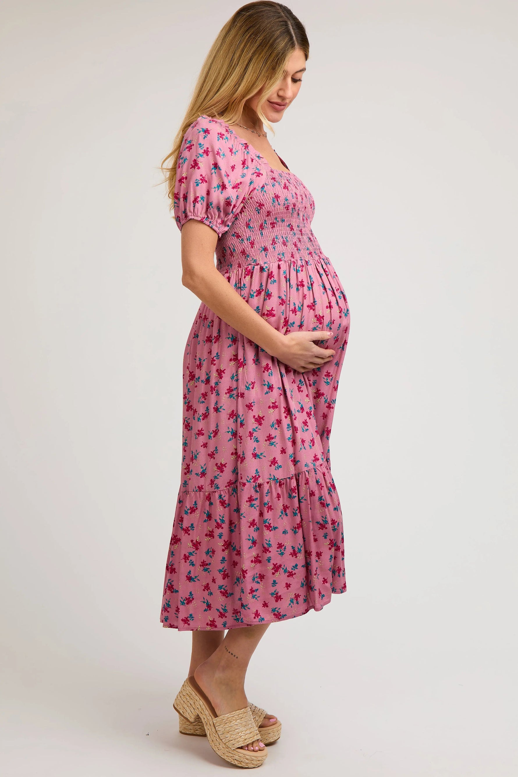 PinkBlush Pink Floral Smocked Short Sleeve Maternity Midi Dress - 