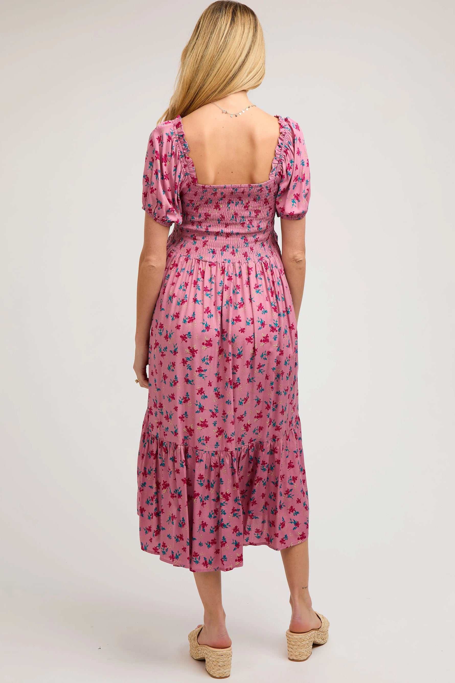PinkBlush Pink Floral Smocked Short Sleeve Maternity Midi Dress - 
