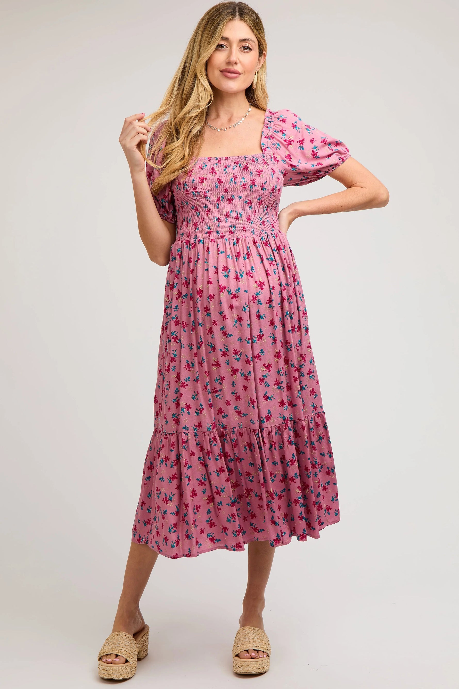 PinkBlush Pink Floral Smocked Short Sleeve Maternity Midi Dress - 