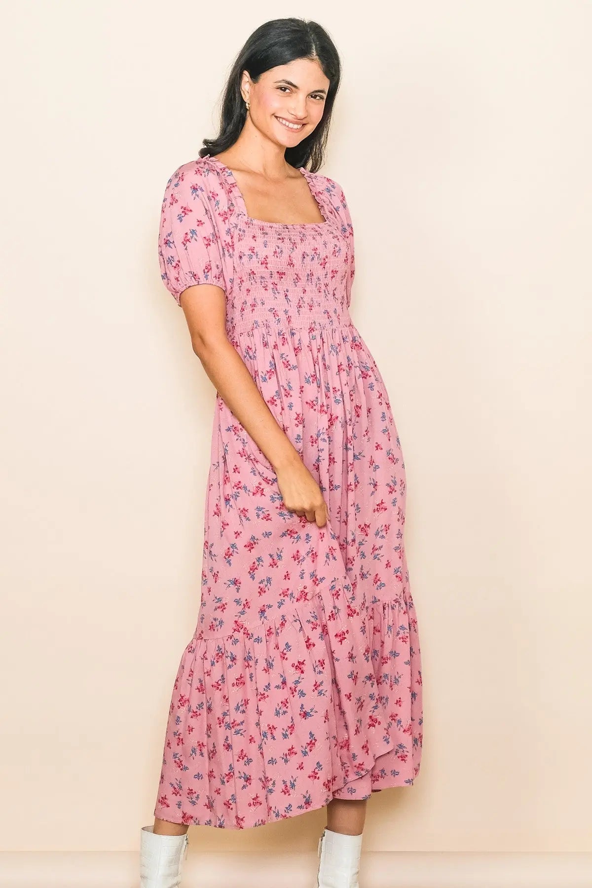 PinkBlush Pink Floral Smocked Short Sleeve Maternity Midi Dress - 