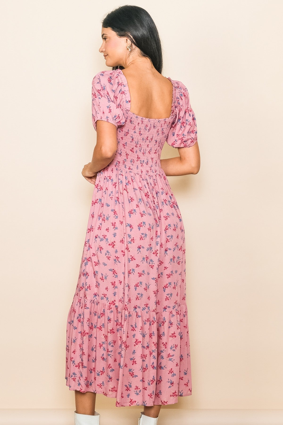 PinkBlush Pink Floral Smocked Short Sleeve Midi Dress