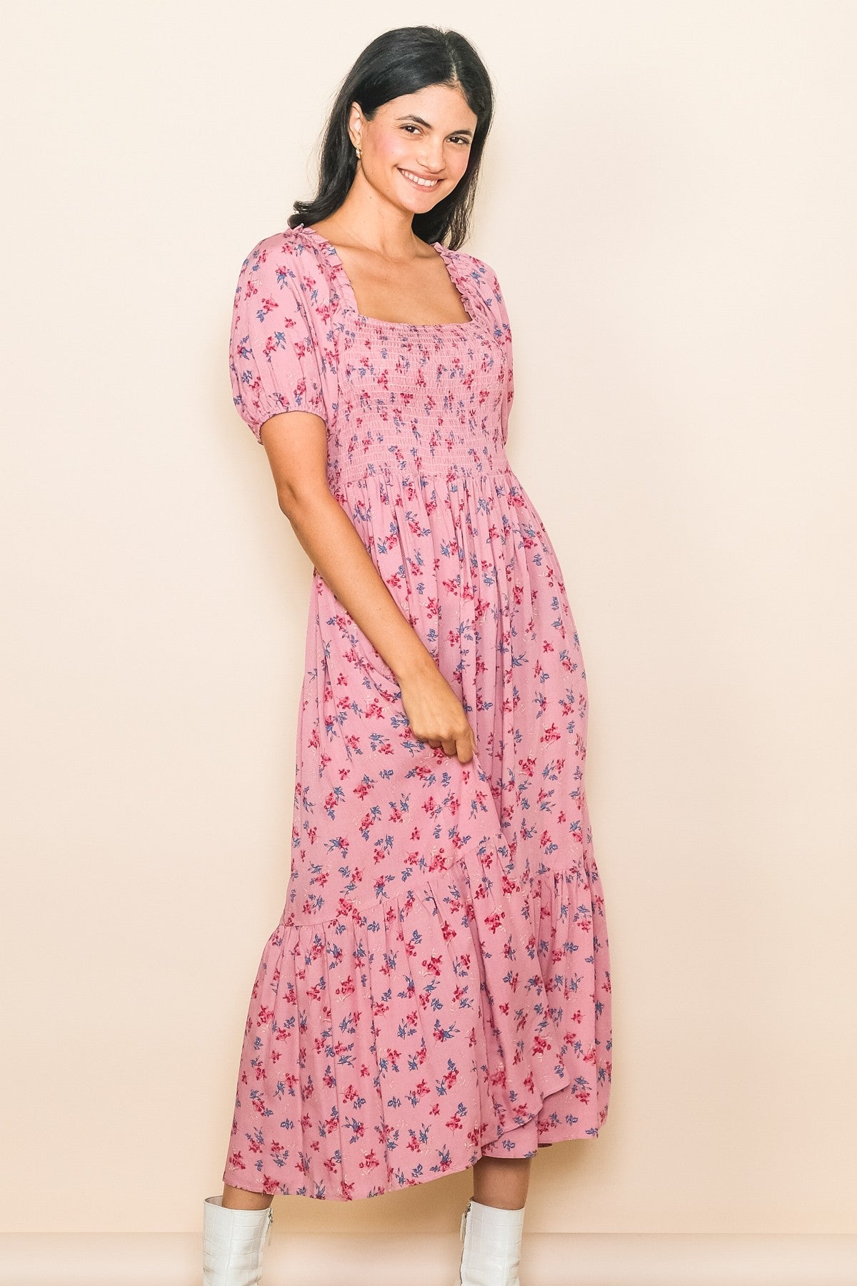 Pink Floral Smocked Short Sleeve Midi Dress - Pink, Day Dress, One-piece garment, Person, Dress | Everetts Place